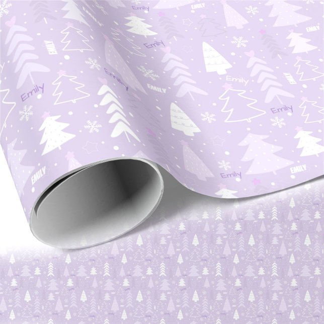 Papier Cadeau Arbres pourpres Nom d'hiver Papier d'enveloppement (Purple Trees Winter Name Christmas Wrapping Paper)