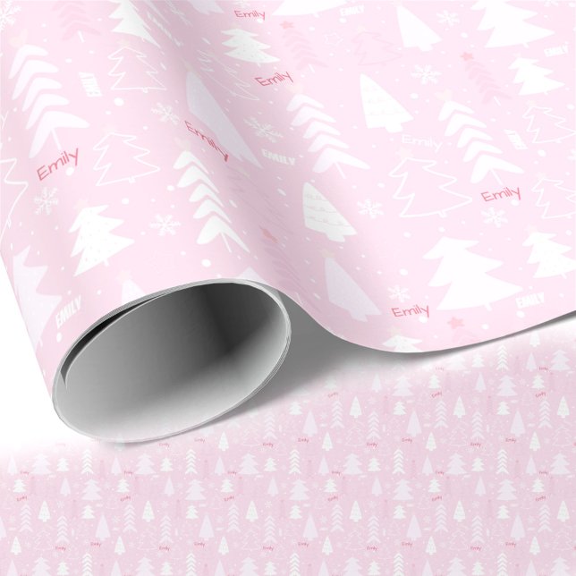 Papier Cadeau Arbres roses Hiver Nom Texte Noël (Pink Trees Winter Name Text Christmas Wrapping Paper)