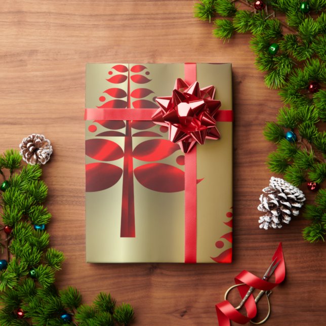 Papier Cadeau Arbres rouges de Noël en or (Créateur téléchargé)