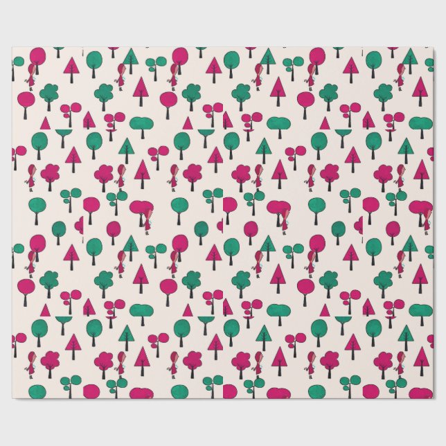 Papier Cadeau Arbres rouges et verts avec fille (Couture)