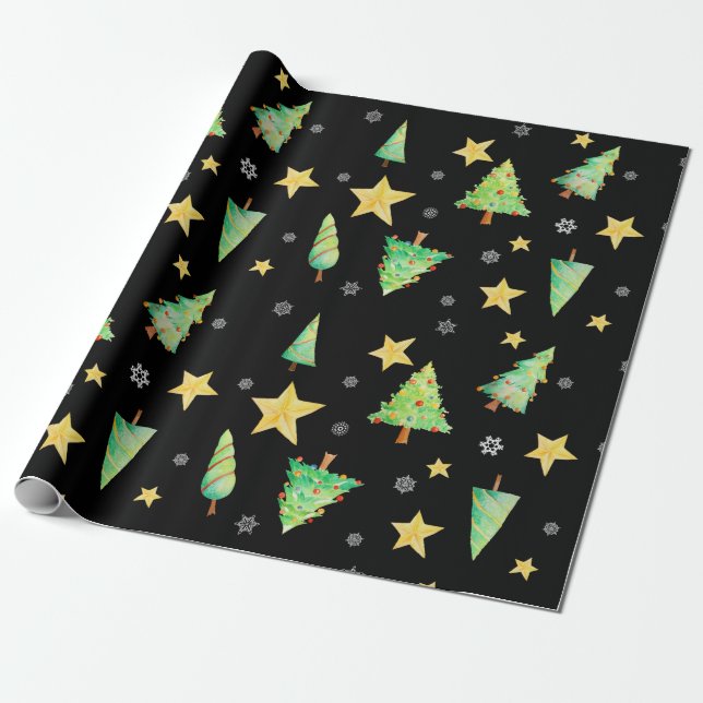 Papier Cadeau Arbres Stars et Snowflakes sur cadeau noir (Déroulé)