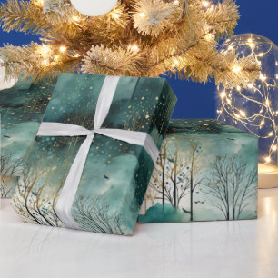 Papier Cadeau Arbres verts en or avec oiseaux Noël