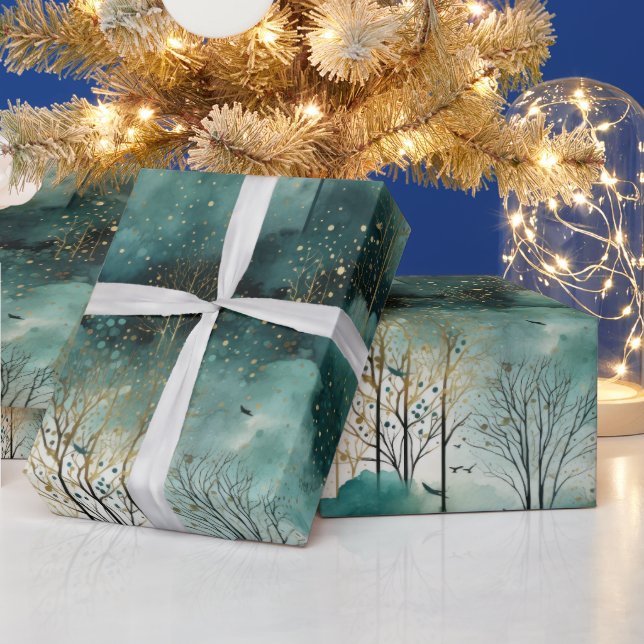 Papier Cadeau Arbres verts en or avec oiseaux Noël (Vacances)