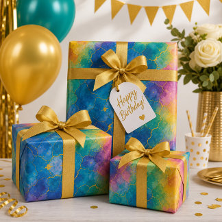 Papier Cadeau Arc-en-ciel aquarelle vibrant avec veines dorées