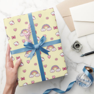 Papier Cadeau Arc-en-ciel Pastel de Rêve – Nuages, Cœurs, Fleurs
