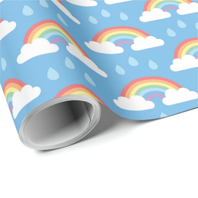 Papier Cadeau Arcs-en-ciel et gouttes-à-gouttes sur bleu clair (Coin rond)