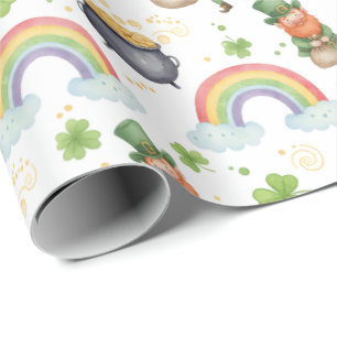 Papier Cadeau Arcs-en-ciel Trèfles Leprechauns St Patrick's Day 