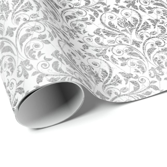 Papier Cadeau Argent Blanc Damask Gris Net Diamond délicat (Coin rond)