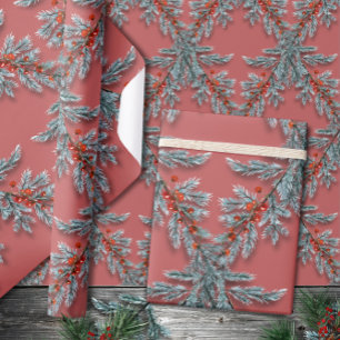 Papier Cadeau Argent Bleu Épinette Bleu Baies Rouges Lattice Rou