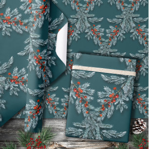 Papier Cadeau Argent Bleu Épinette Rouge Ilex Berries Lattice Tu