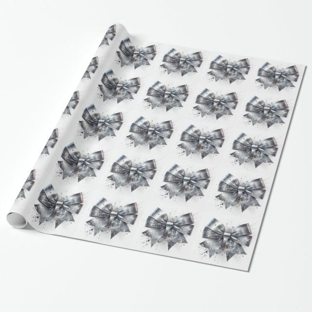 Papier Cadeau Argent Bow Faux Sparkles (Déroulé)