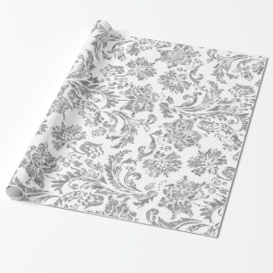 Papier Cadeau Argent métallique et Damas Vintages blanches