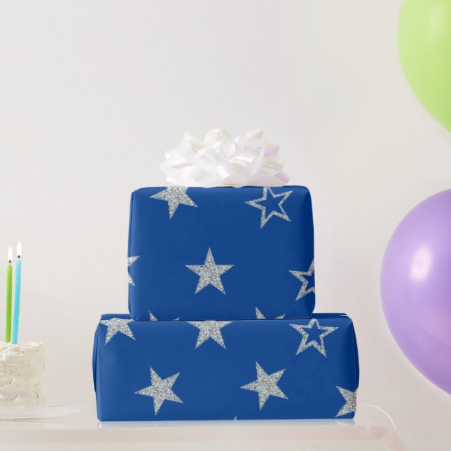 Papier Cadeau Argent Stars Bleu Simple (Cadeaux de fête)