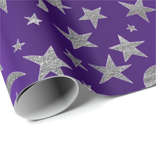 Papier Cadeau Argent Stars Lune Ciel Métallurgique Purple Améthy (Coin rond)