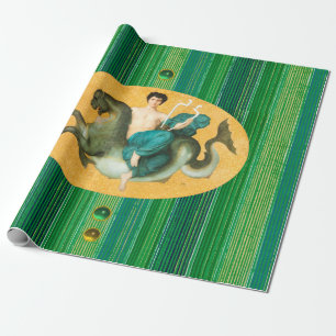 Papier Cadeau ARION SUR UN CHEVAL DE MER TENANT UNE LYRA Green S