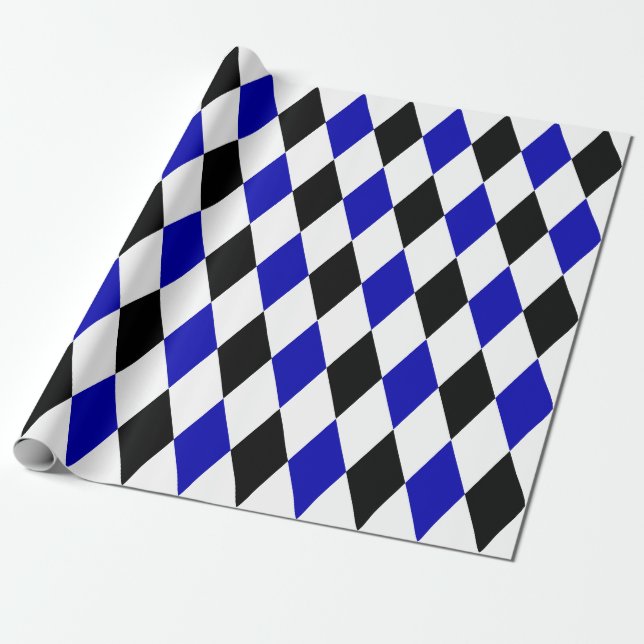 Papier Cadeau Arlequin noir, bleu royal et blanc extra large (Déroulé)