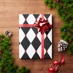 Papier Cadeau Arlequin noir et blanc aux accents rouges