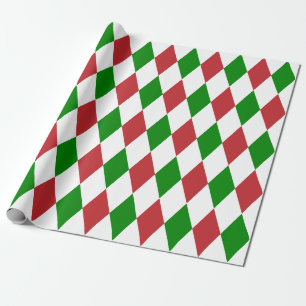 Papier Cadeau Arlequin très grand rouge foncé, vert et blanc