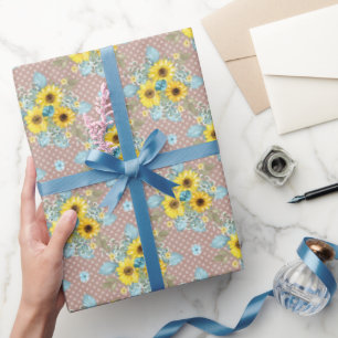 Papier Cadeau Arrangement de tournesol bleu, tan et jaune