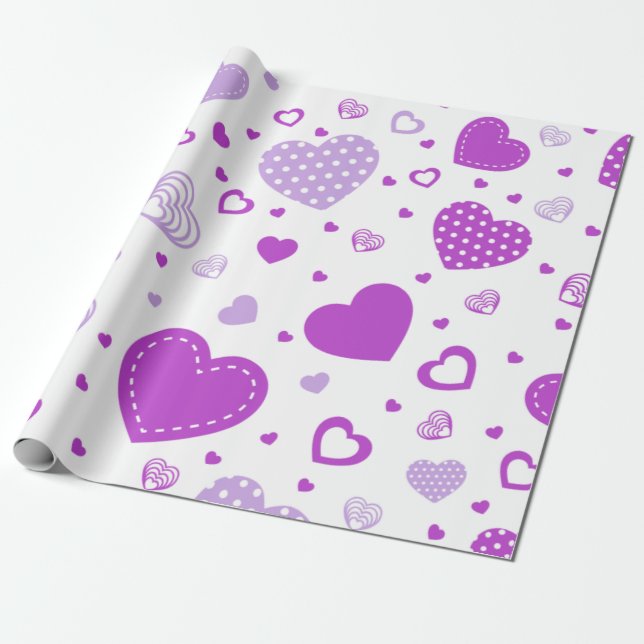 Papier Cadeau Arrière - plan blanc de coeur pourpre (Déroulé)