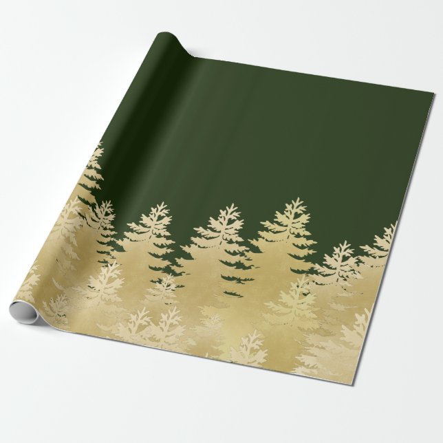 Papier Cadeau Arrière - plan Faux Gold Foil Pine Trees Dark Gree (Déroulé)