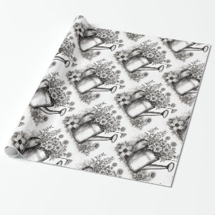 Papier Cadeau Arrosoir, Art noir et blanc, Art de printemps, 
