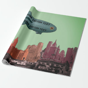 PAPIER CADEAU ART 1930'S BLIMP NEW YORK CITY SKYLINE VOTRE TEXTE