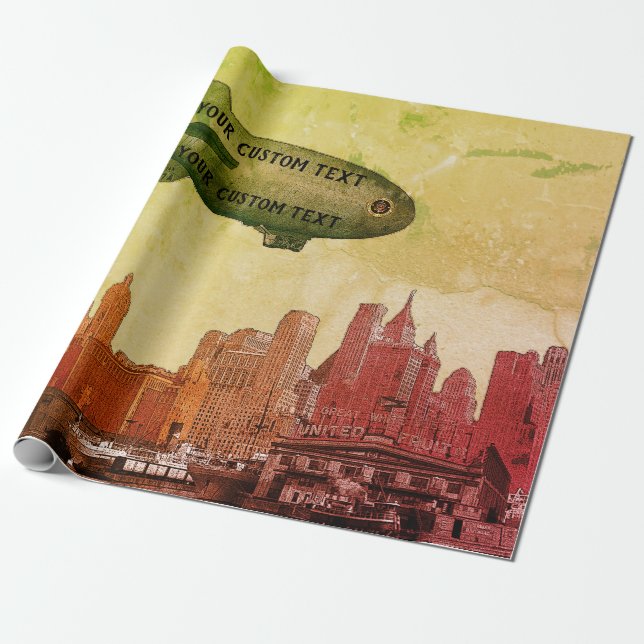 PAPIER CADEAU ART 1930'S BLIMP NEW YORK CITY SKYLINE VOTRE TEXTE (Déroulé)