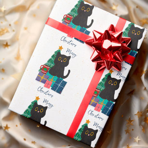 Papier Cadeau Art de café de chat noir mignon de Noël joyeux fes