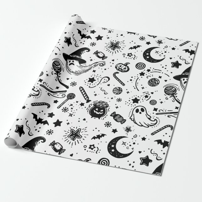 Papier Cadeau Art De La Ligne Halloween Noir Et Blanc (Déroulé)
