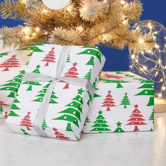 Papier Cadeau Art De Noël Rouge Et Arbre Vert (Vacances)