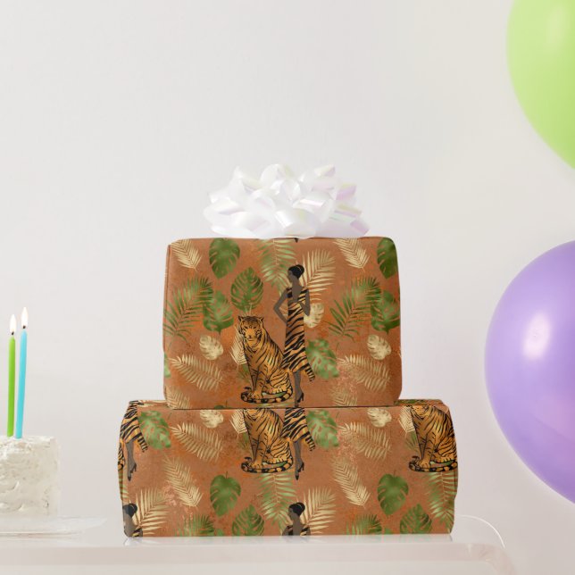 Papier Cadeau Art Déco Cuivre Vert Or Tiger Dame  (Cadeaux de fête)