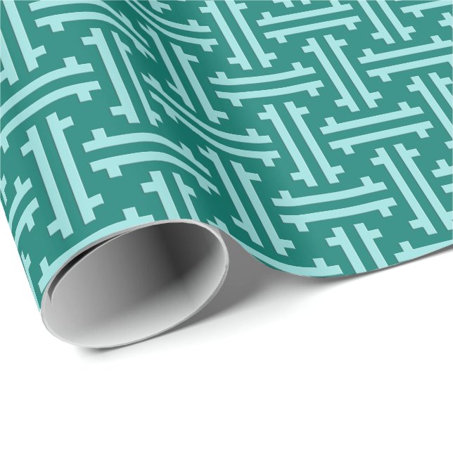 Papier Cadeau Art déco furet chinois, turquoise et aqua (Coin rond)