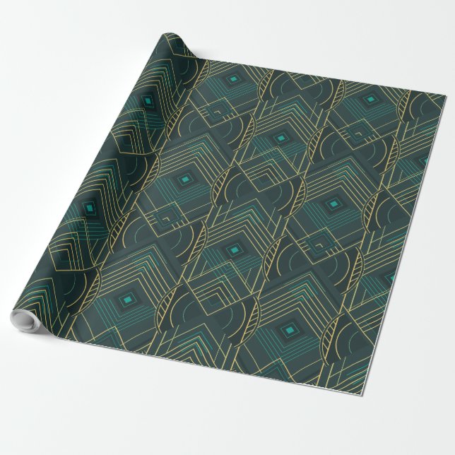 Papier Cadeau Art Deco Geometric Uplift - Turquoise Teal (Déroulé)
