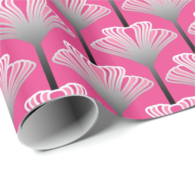 Papier Cadeau Art déco Lily, Fuchsia rose et gris argenté (Coin rond)