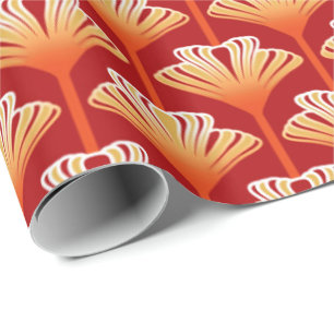 Papier Cadeau Art Déco Lily, Tangerine Orange et Or