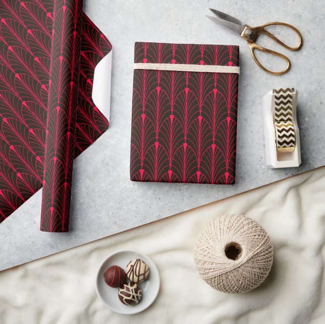 Papier Cadeau Art Déco Motif 04 - Carmine Red sur noir (Artisanat)
