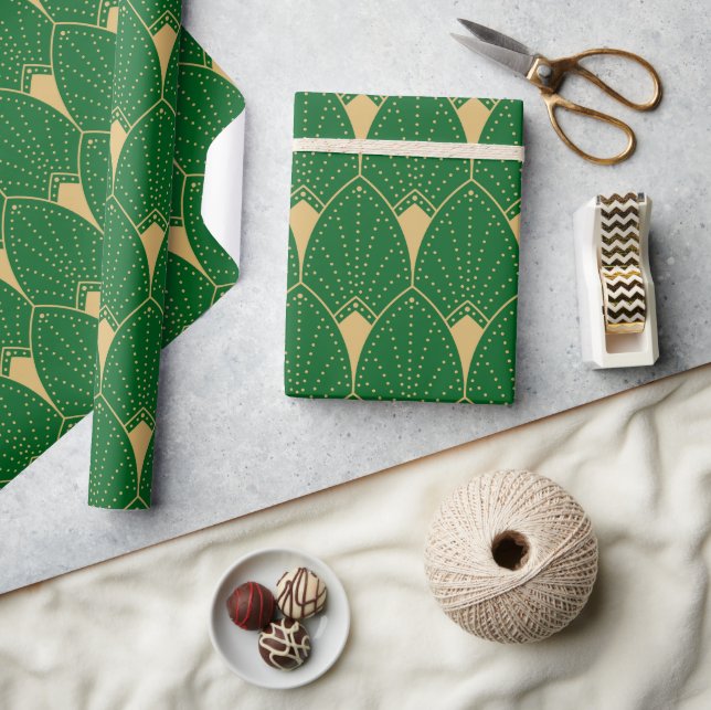 Papier Cadeau Art Déco Or Motif sans coutures et vert (Artisanat)