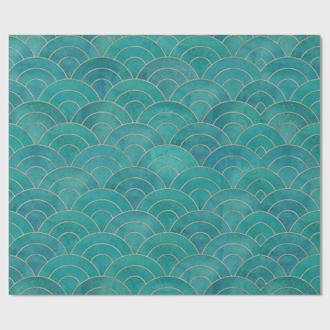 Papier Cadeau Art Déco Papier Tissu Turquoise & Découpage Gold (Plat)