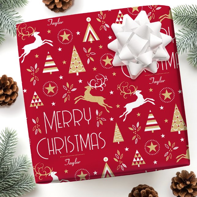 Papier Cadeau Art Déco Reinder de Noël Nom personnalisé Deep Red (Créateur téléchargé)