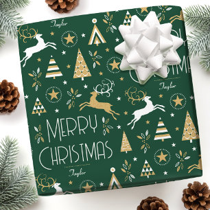Papier Cadeau Art Déco Reinder de Noël Personnalisé Nom Vert