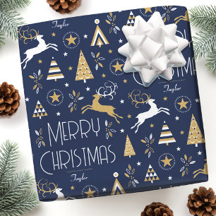 Papier Cadeau Art Déco Renard de Noël Nom personnalisé Bleu fonc