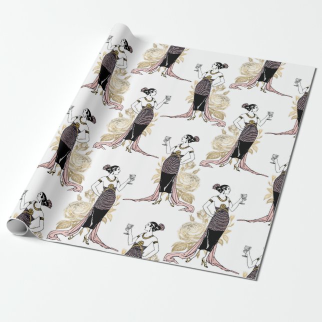 Papier Cadeau Art déco rose et or Vin à thème (Déroulé)