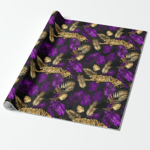 Papier Cadeau Art Déco Tropical Tigre Violet et Or