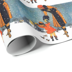 Papier Cadeau Art Déco vintage Hiver Mère et Enfant dans la Neig