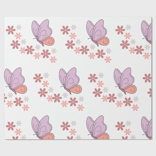 Papier Cadeau Art floral aux papillons mignons (Plat)