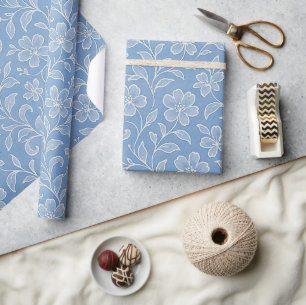 Papier Cadeau Art Floral Feuille Classique Motif Sur Bleu Clair