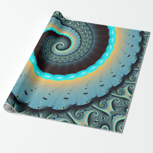 Papier Cadeau Art fractal spirale abstrait bleu turquoise orange
