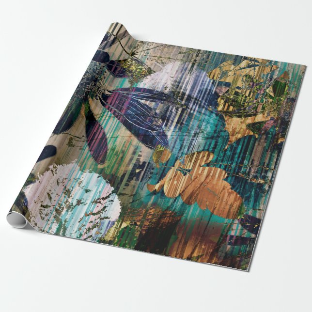 Papier Cadeau art graphique et aquarelle automne coloré noir (Déroulé)