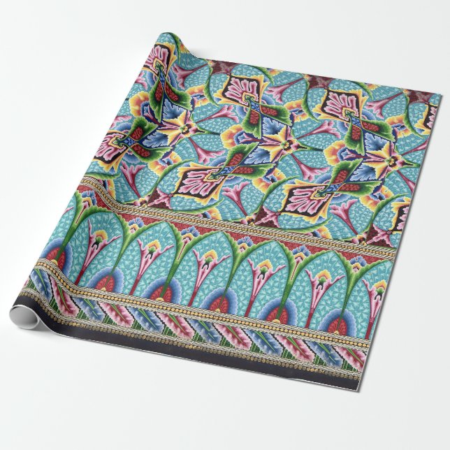 Papier Cadeau Art nouveau abstrait motif textile art bleu rose (Déroulé)